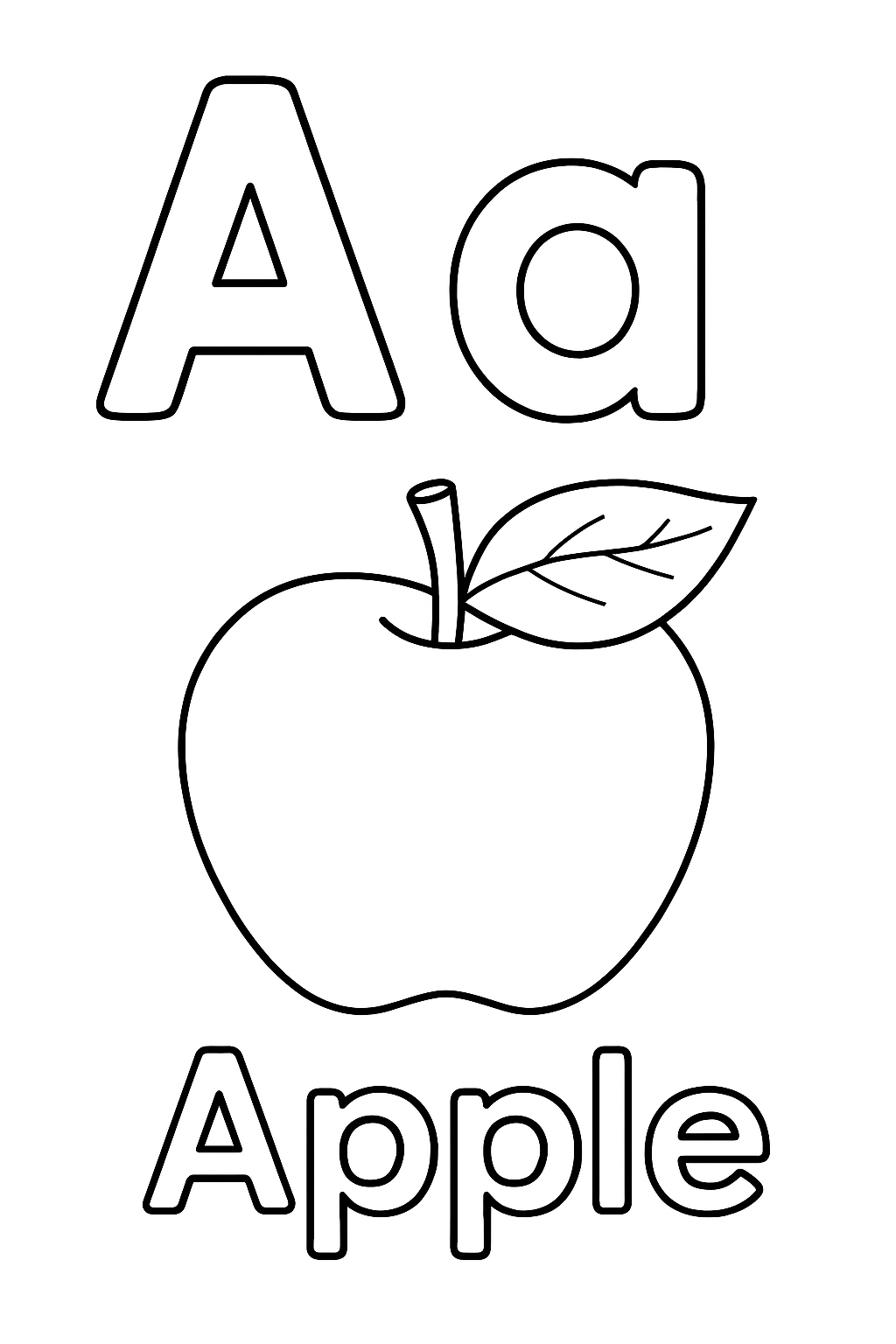 The uppercase letter “A” next to the lowercase letter “a”. With an apple image under the letters. Write out the object “Apple”.