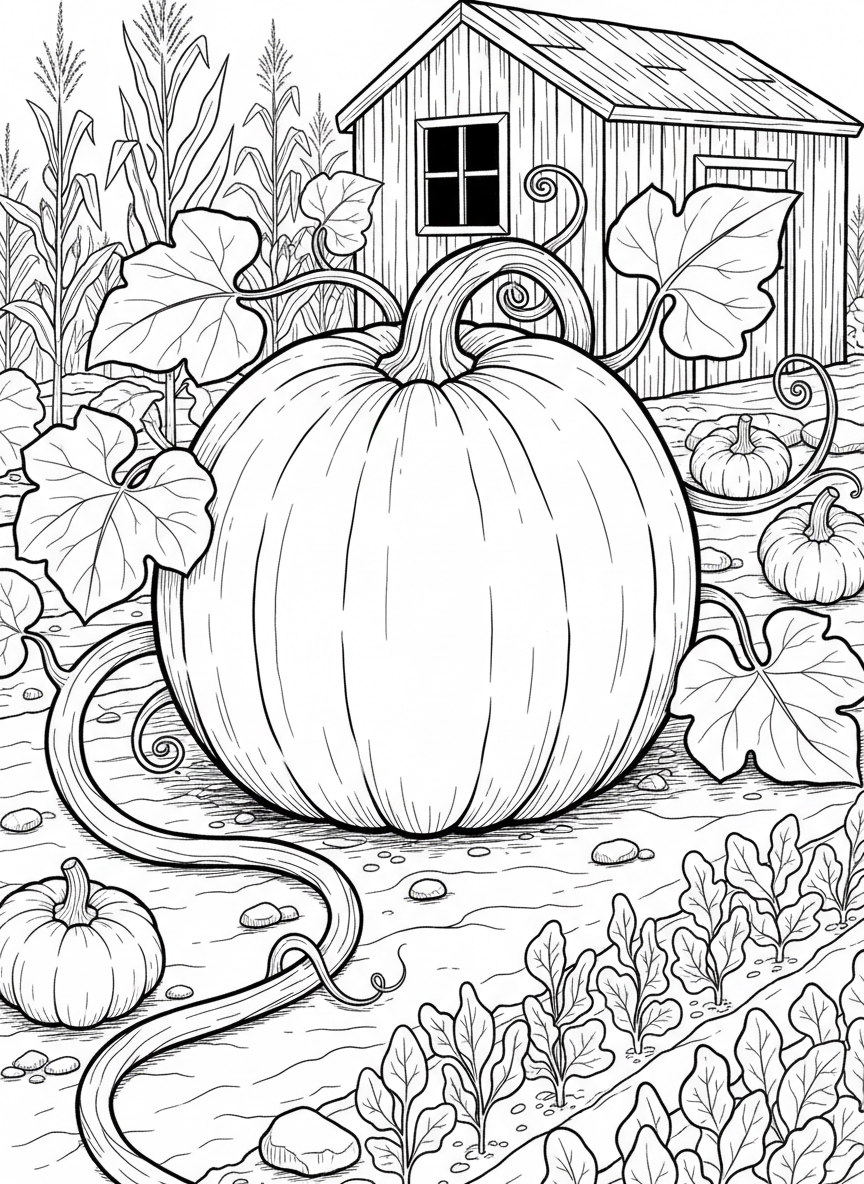 Close-up of a large pumpkin with curving vines and leaves, sitting in a vegetable garden with simple background details