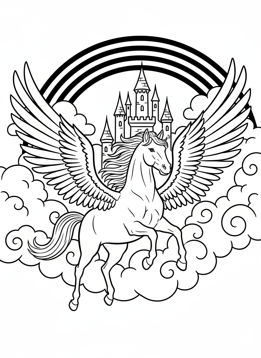 A pegasus with large feathered wings flying through clouds above a rainbow and castle towers.