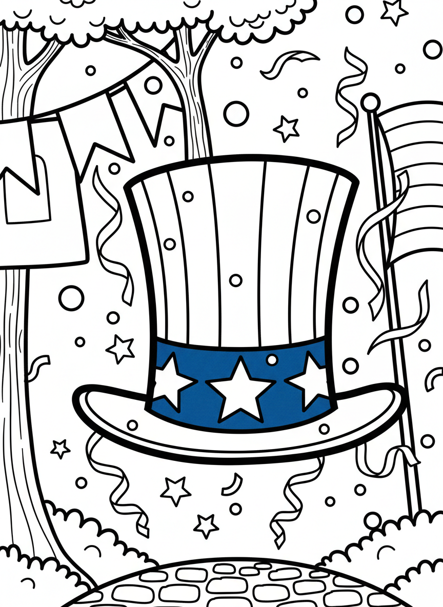 Close-up of Uncle Sam's iconic hat decorated with stars and stripes, with confetti and streamers floating around it