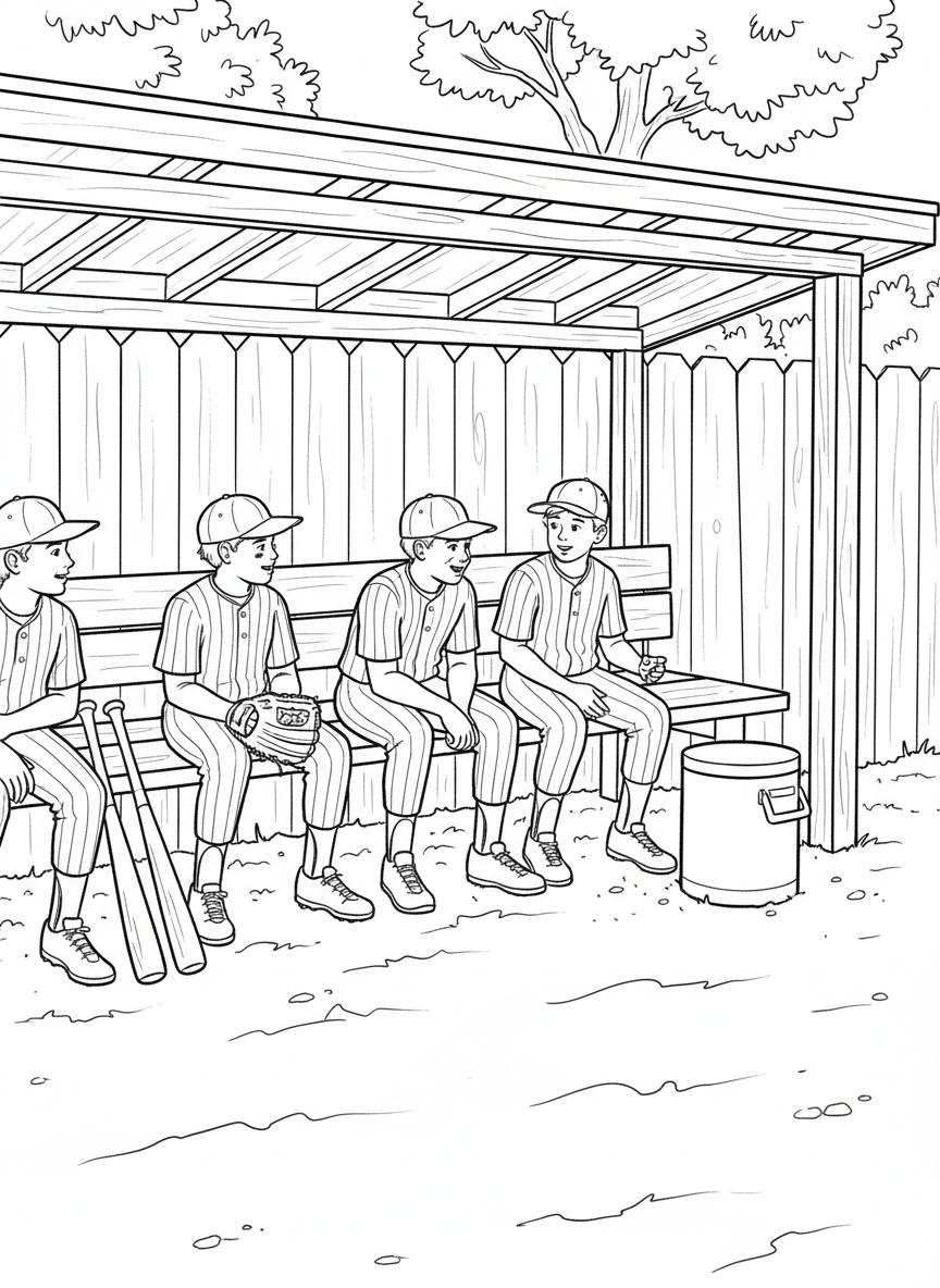 A Little League dugout scene with players sitting on the bench, bats lined up, and a water cooler nearby.