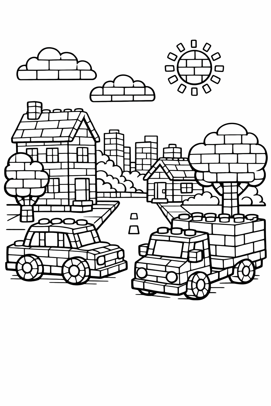 City Street: A simple street scene where the cars, trees, and houses are all clearly made of stacked bricks.