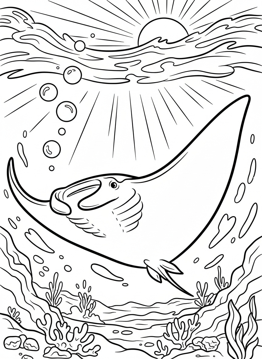 A manta ray gliding through the water with wide wing-like fins spread out