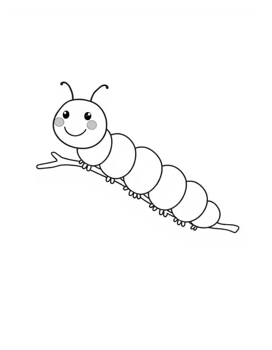 A long, segmented caterpillar with a happy face, crawling along a twig.