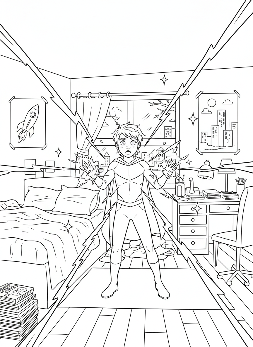 A young superhero discovering their powers, surprised expression, energy sparkles around their hands, bedroom setting with posters