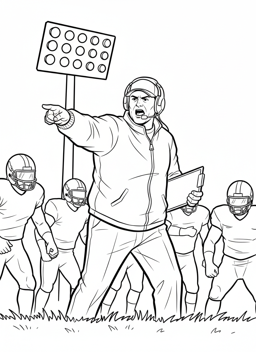 A coach wearing a headset and holding a clipboard, pointing forward with determination, sideline leadership moment.