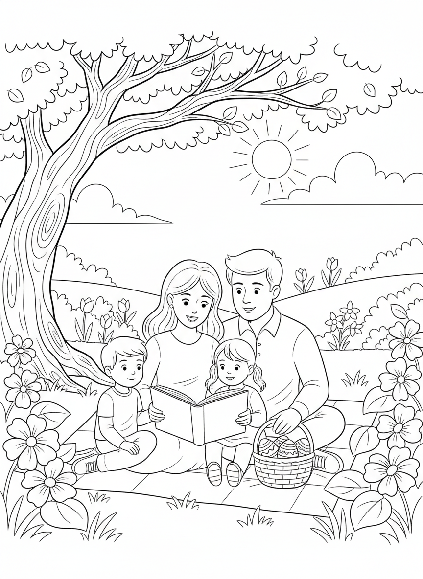 Easter Sunday Morning coloring page prompts capturing calm beginnings, family traditions, and fresh spring light.	A gentle moment of gratitude and reflection as the morning unfolds.