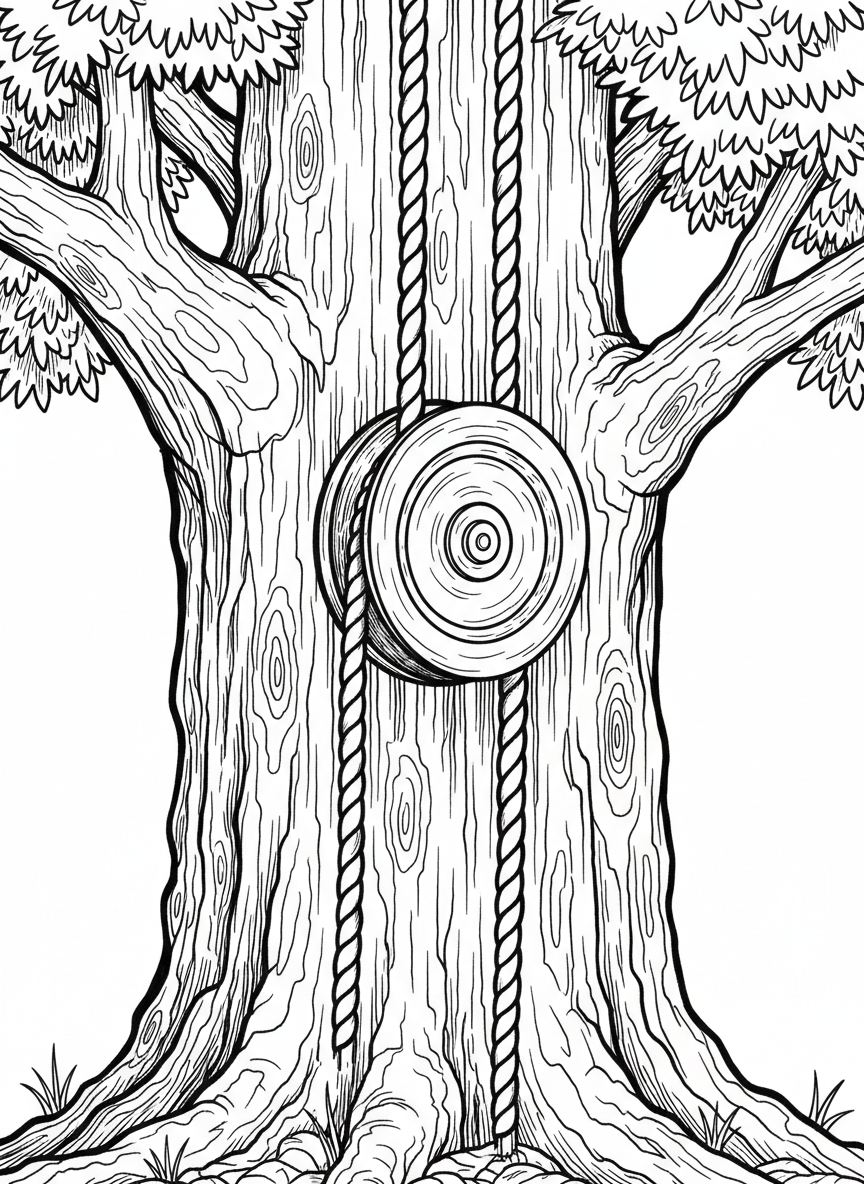 Detailed view of a pulley wheel mechanism with rope threading through it, mounted on a tree trunk.