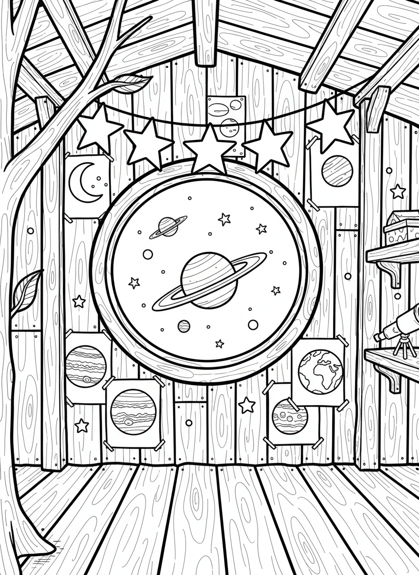 A rustic treehouse with a porthole window framing a view of Saturn and its rings, with star stickers and planet posters decorating the walls.