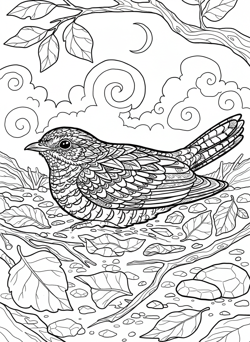 A nightjar bird resting on the ground among leaves and twigs, camouflaged with intricate feather patterns.