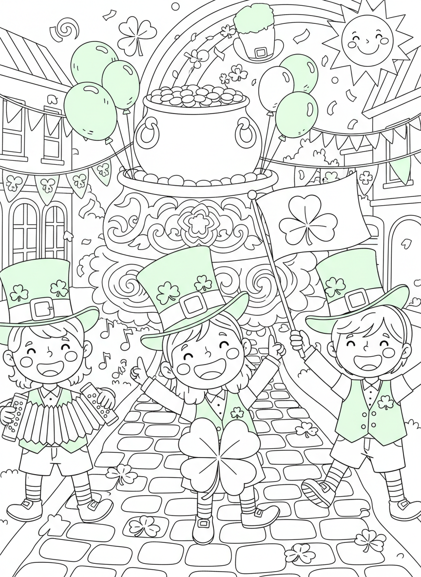 Saint Patricks Day coloring page prompts celebrating Irish-inspired traditions, green decorations, music, and festive community energy.	Children wearing green hats and accessories, proudly showing off shamrocks and decorations during a daytime Saint Patrick’s celebration.