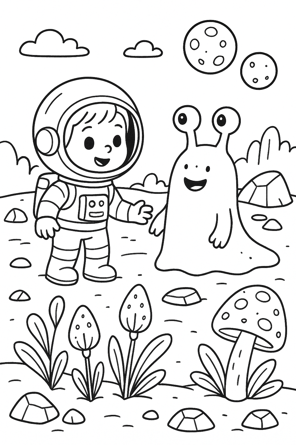 A curious child astronaut meeting a friendly alien on a colorful planet, strange plants glowing, unusual rocks around, twin moons in the sky, and a whimsical imaginative style for kids.
