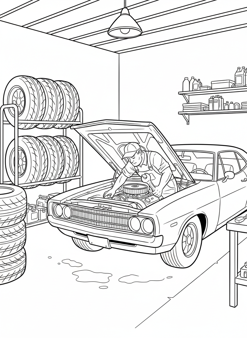A mechanic working under the hood of a car in an auto repair shop, with tools and tire racks in the background.