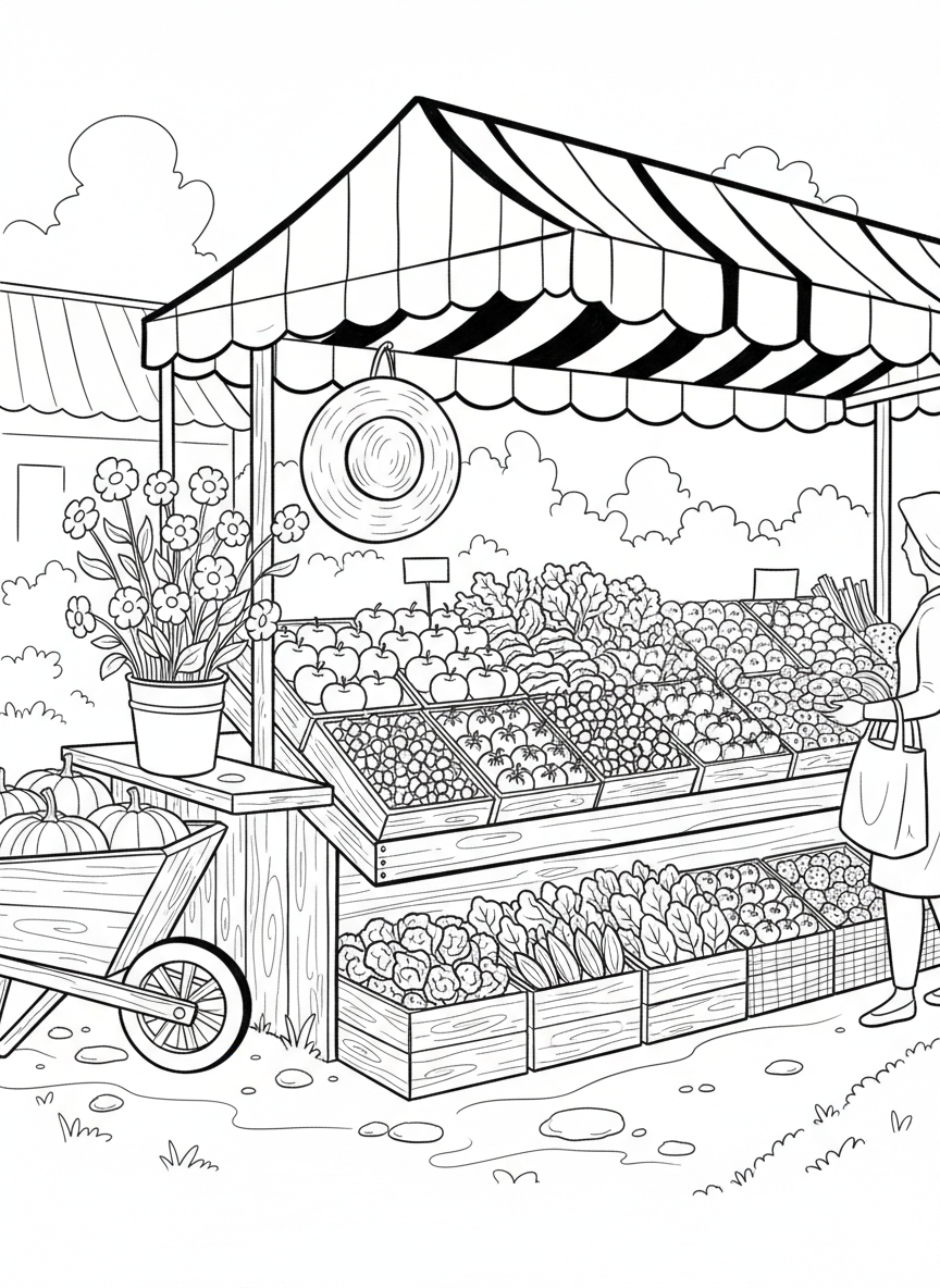 A farmer's market stand displaying fresh fruits, vegetables, and flowers in baskets and crates.