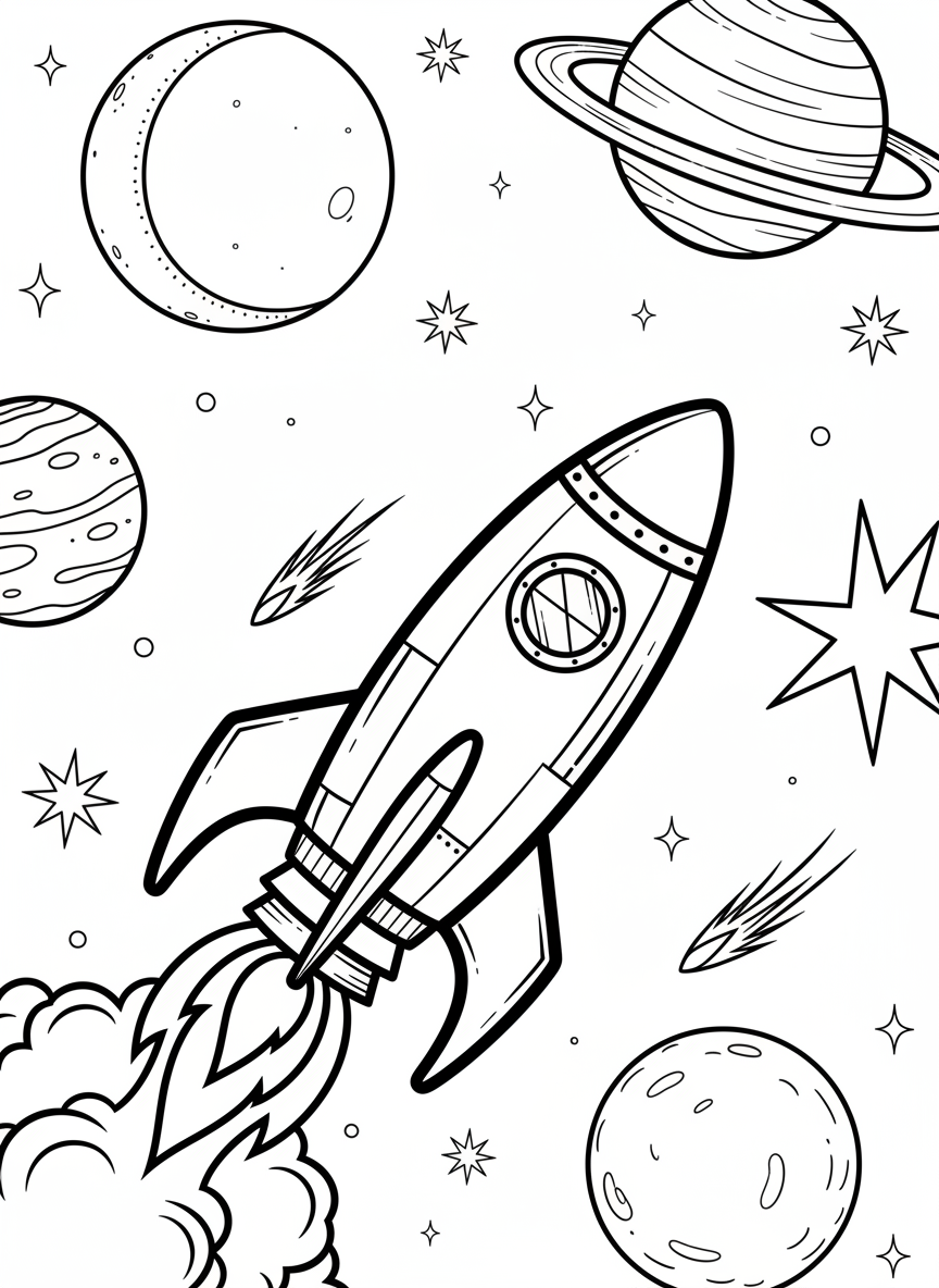 A rocket ship flying through space with stars and planets, clean outlines suitable for a children's book cover