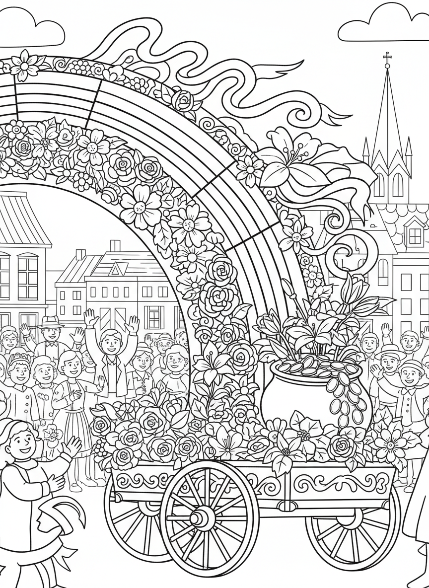 A colorful parade float designed as a rainbow with a pot of gold at the end, decorated with flowers and ribbons.