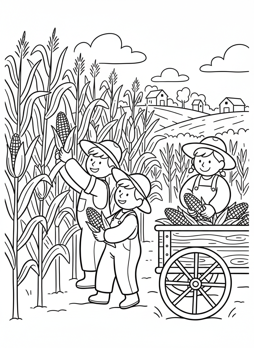 Children helping to harvest corn by hand, pulling ears from tall stalks and placing them in a wooden cart.