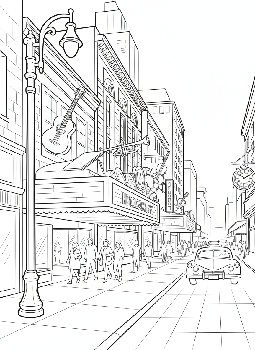 Broadway street view with multiple storefronts, each decorated with different musical instrument signs and awnings.