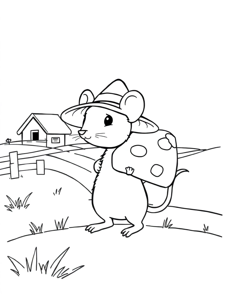 A small mouse with a straw hat carrying a big piece of cheese on its back in a farm landscape.