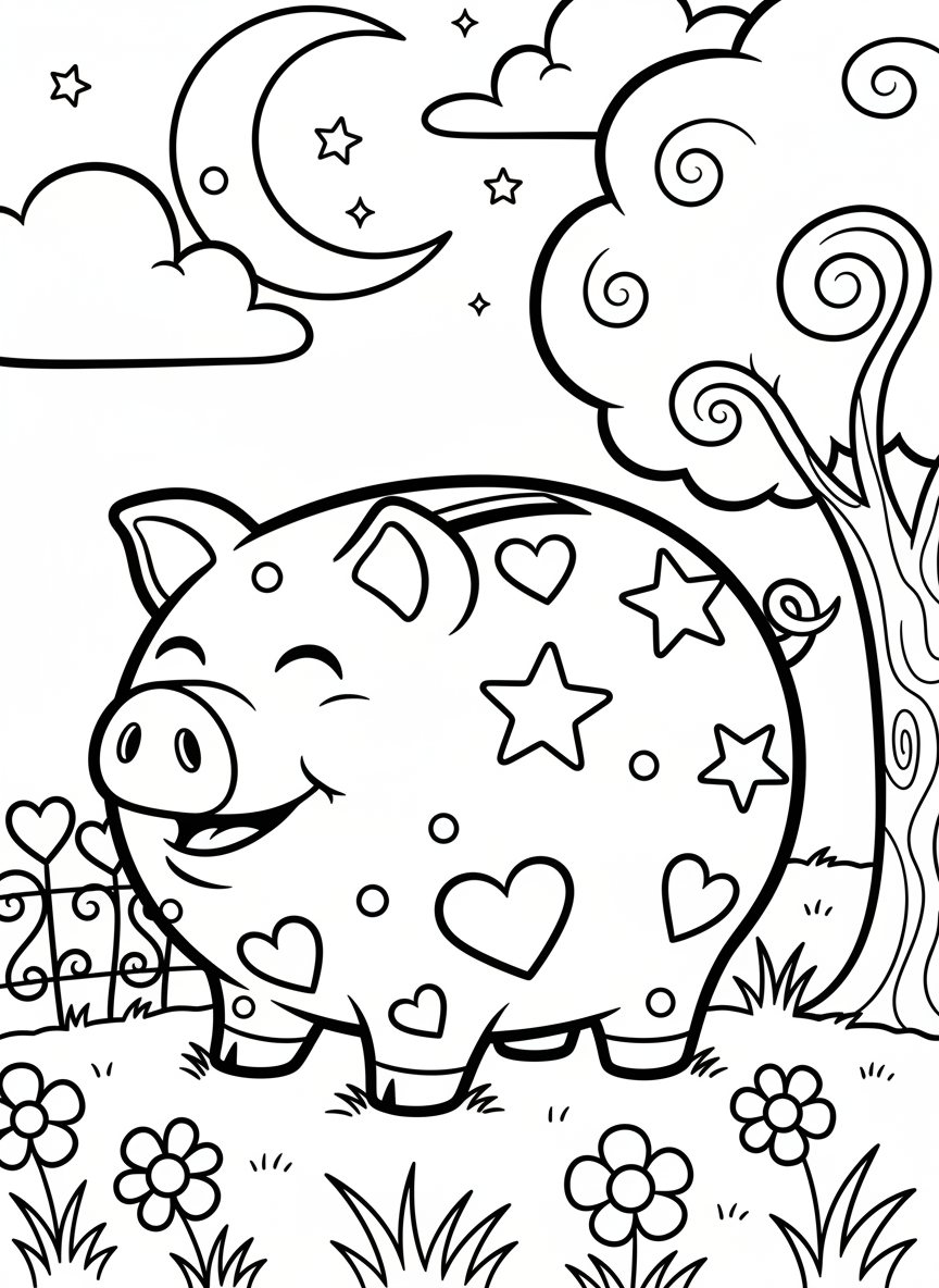 A cheerful ceramic piggy bank with coin slot on top, decorated with hearts and star shapes.