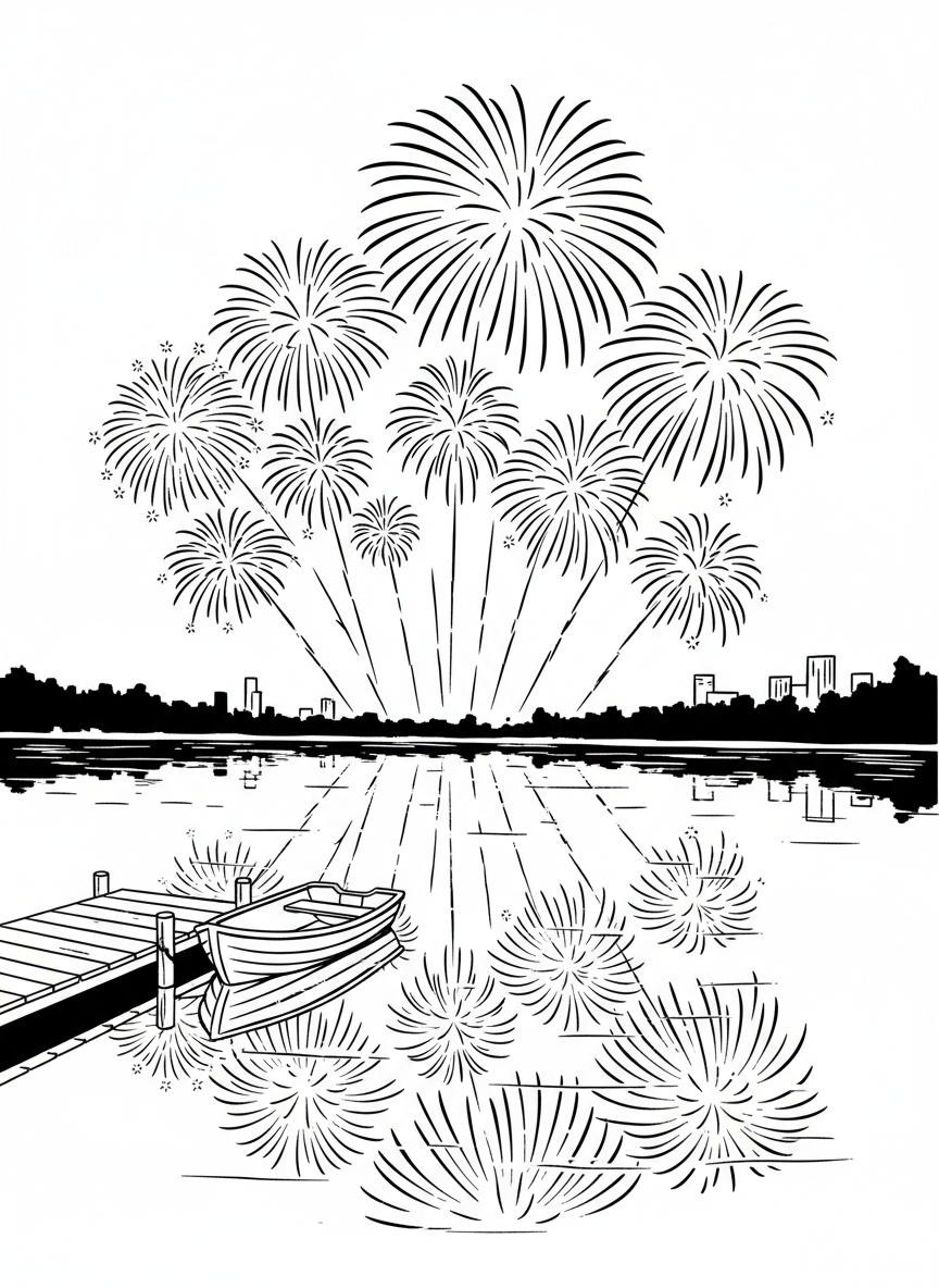 A wide view of a lake with fireworks reflecting on the water surface, with a small dock and rowboat in the scene.