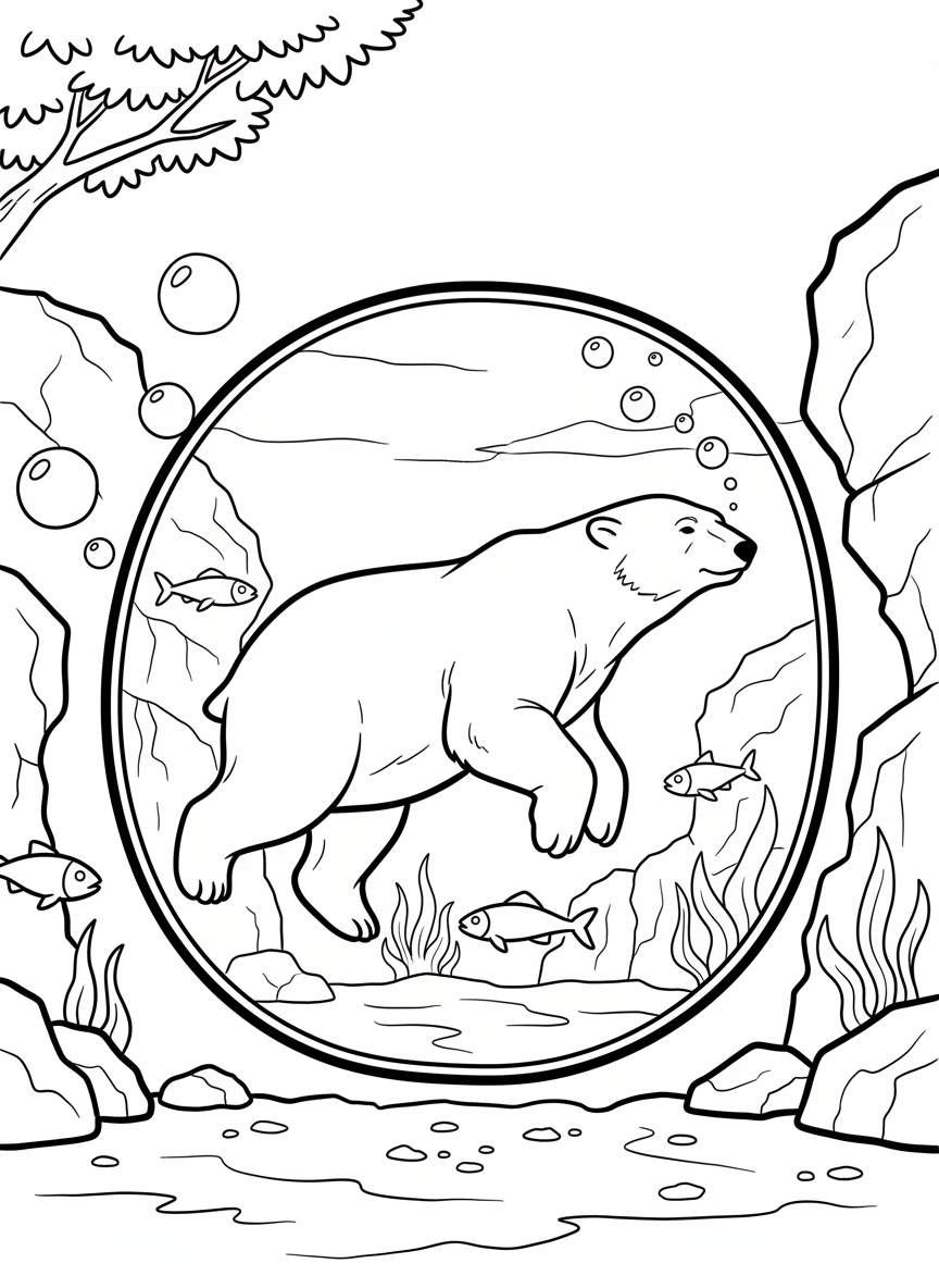 A polar bear swimming underwater at the Columbus Zoo with bubbles and fish visible through the viewing window