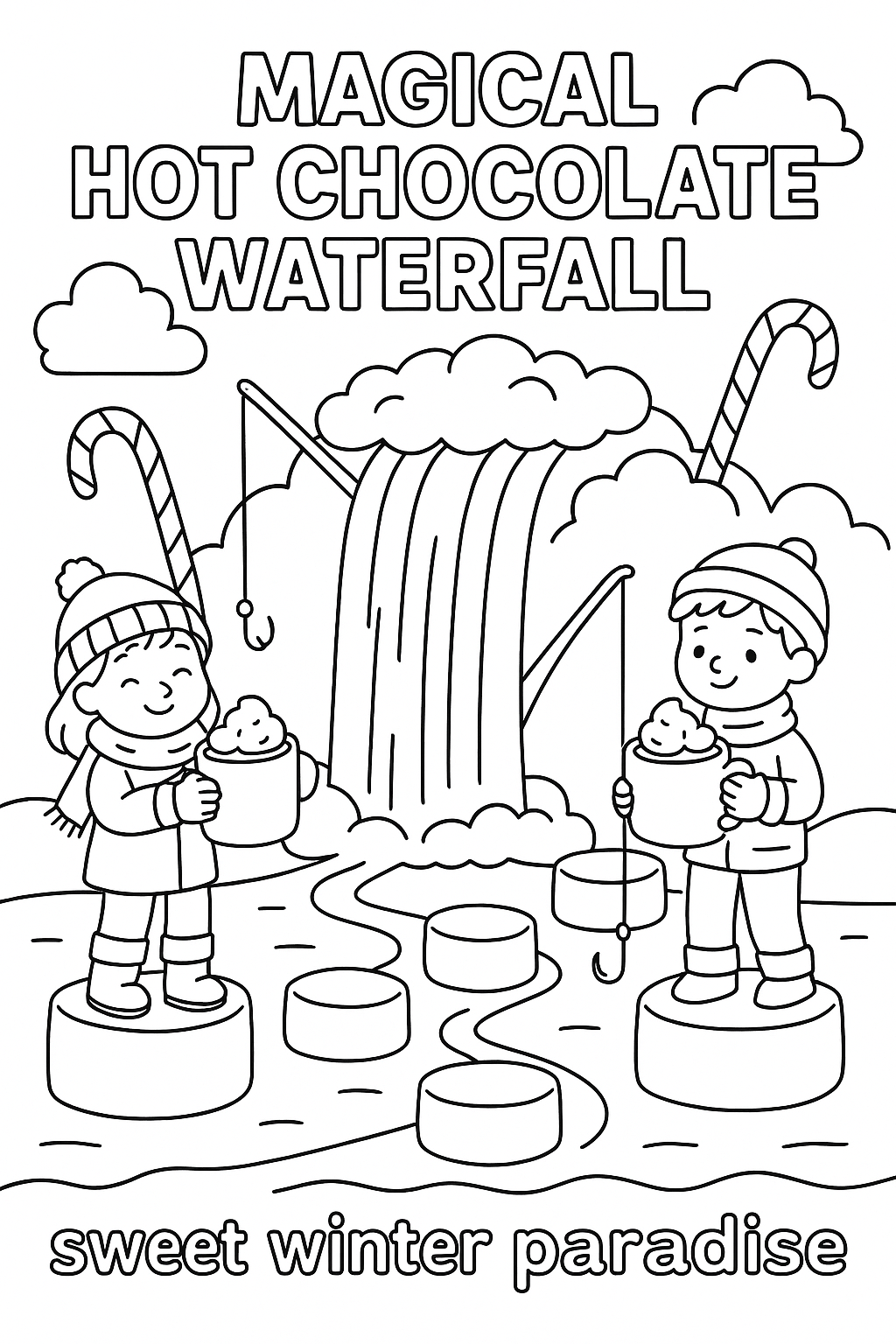 Magical hot chocolate waterfall, marshmallow stepping stones, candy cane fishing rods, whipped cream clouds, children with mugs, thick outlines, sweet winter paradise