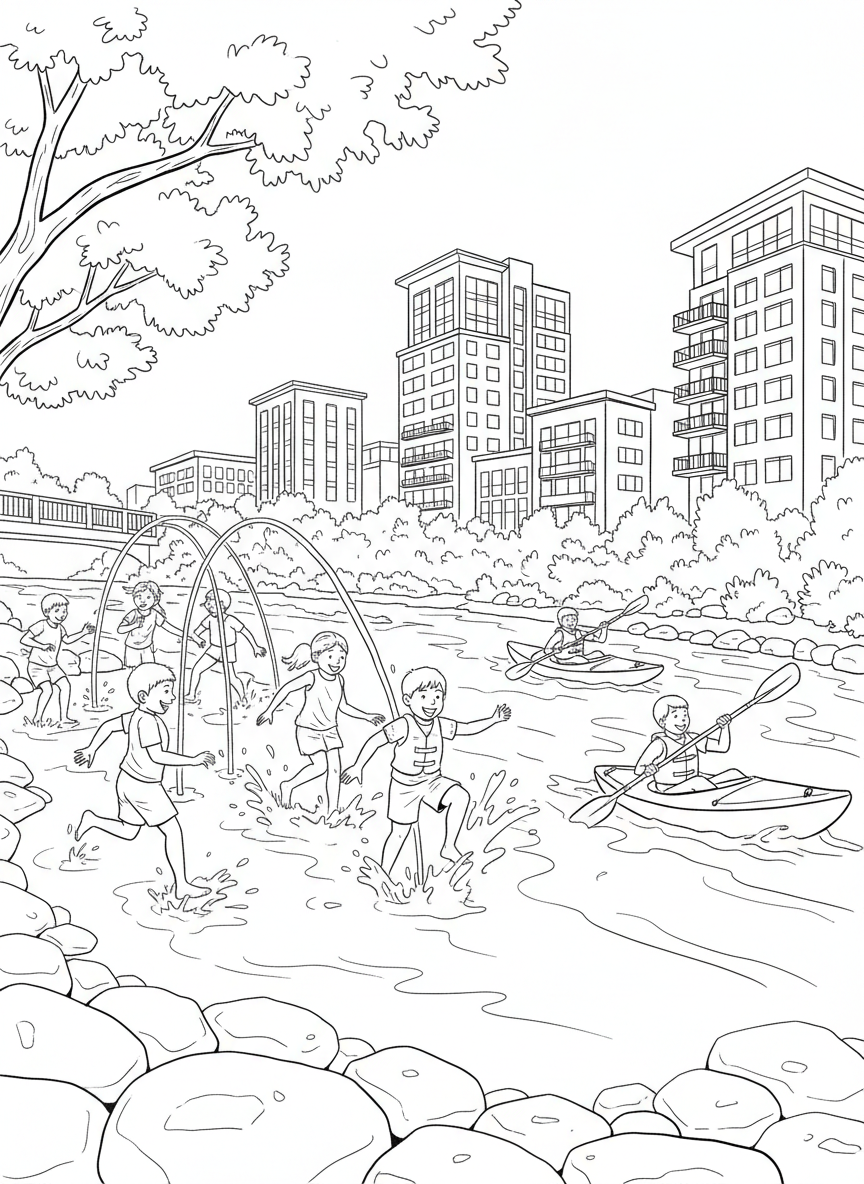 A cheerful scene at Confluence Park showing kids playing in the water, kayakers on the South Platte River, and city buildings behind.