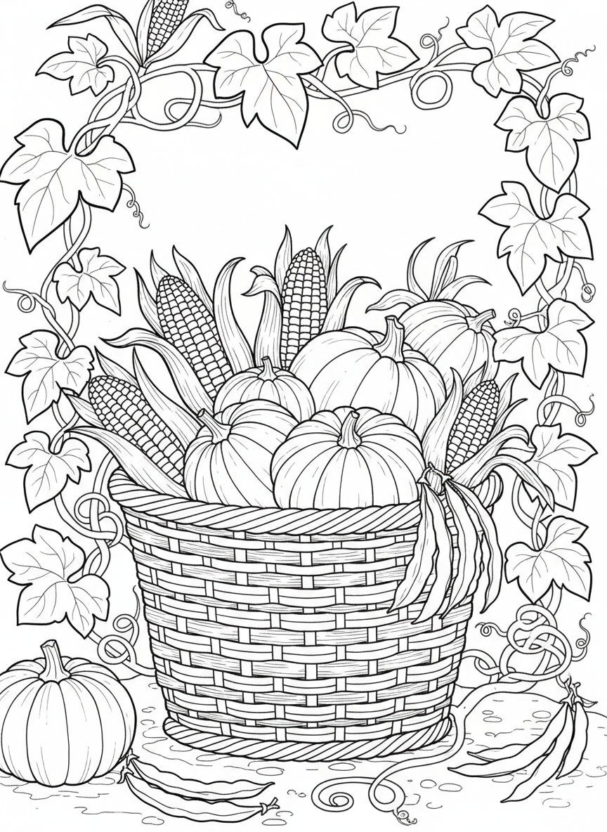 A woven basket filled with corn, squash, and beans (the three sisters), with vines and leaves decorating the border, educational harvest theme