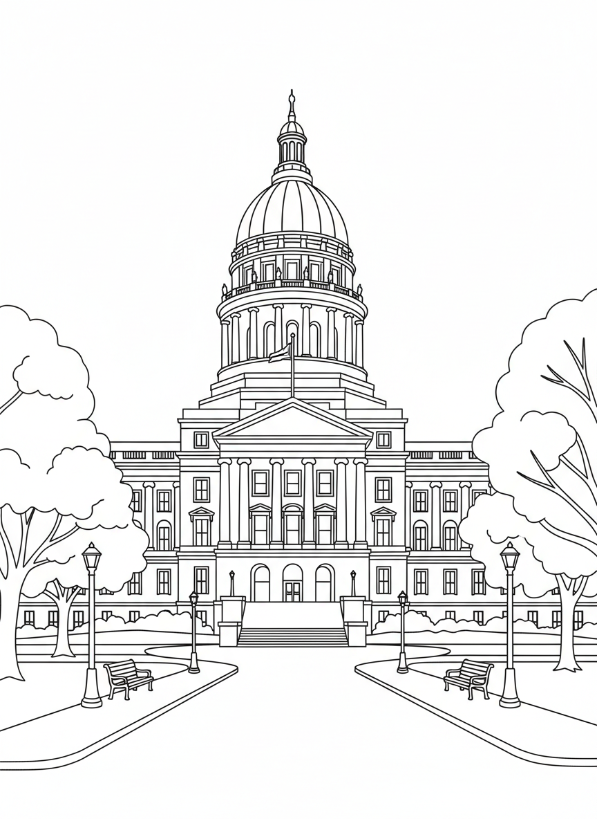 The Indiana State Capitol building with its grand dome, columns, and front lawn with pathways.