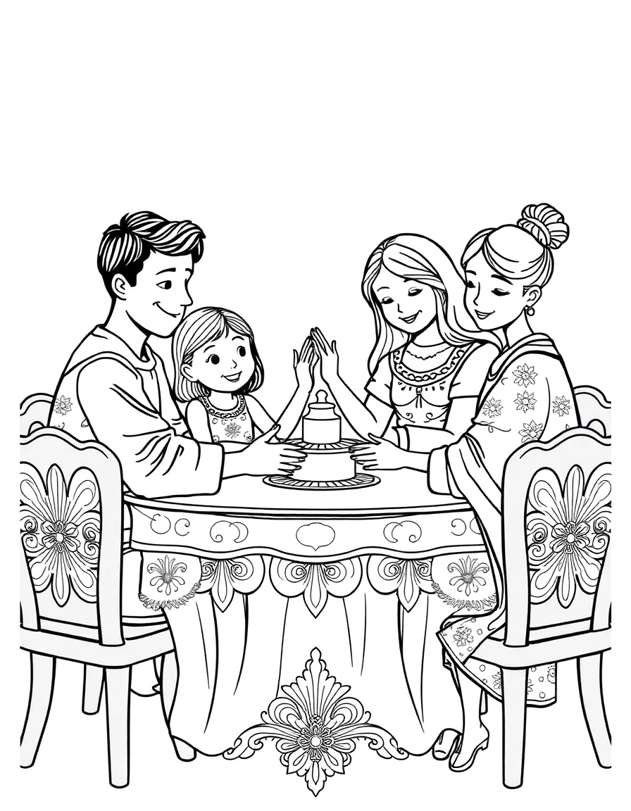 A family gathered around a table holding hands for a prayer.