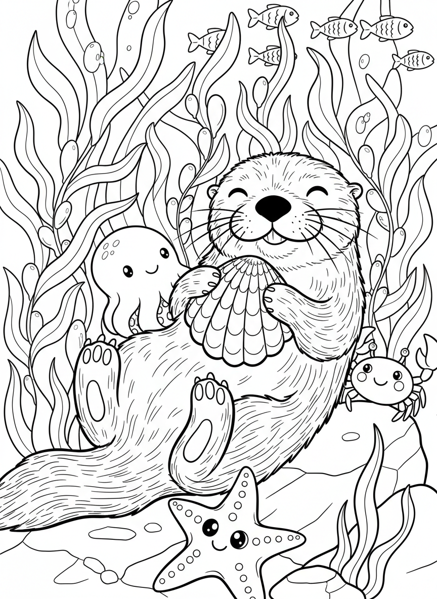 A playful sea otter floating on its back in the kelp with a shell on its belly, cute ocean animal close-up