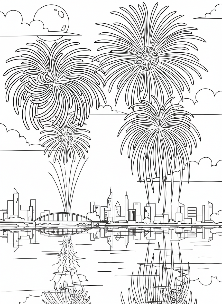 Three different firework explosions showing varied patterns: one spiral, one chrysanthemum burst, and one willow cascade design.