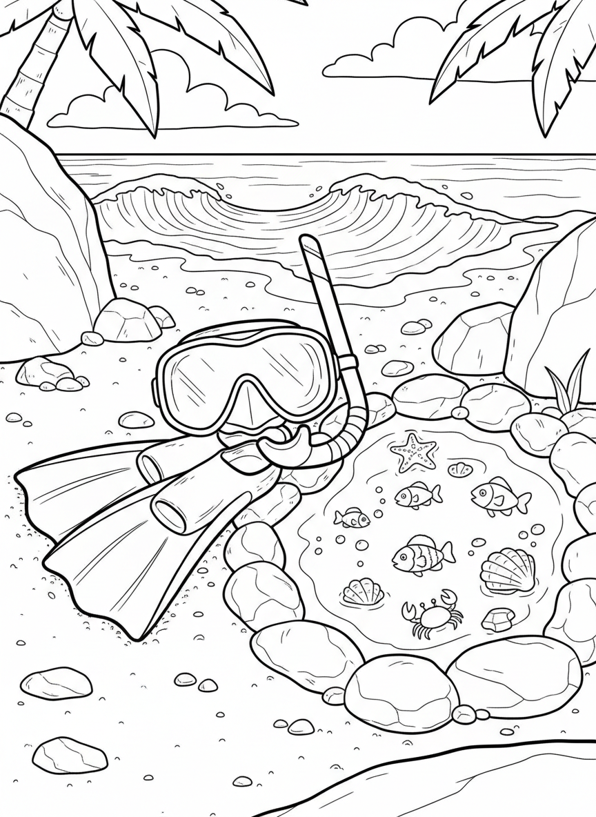 A snorkeling mask and flippers resting on the beach next to a tide pool filled with small fish and sea creatures.