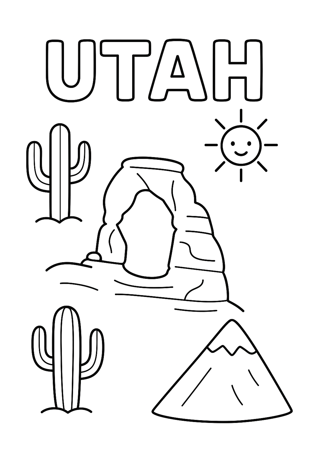 Write “Utah” once at the top in outlined letters. Make the outline bold and centered. Add one arch, one cactus, one mountain, and one sun icon in corners.