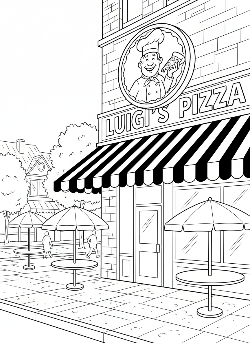 A pizza parlor storefront with awning, tables with umbrellas outside, and a large pizza sign