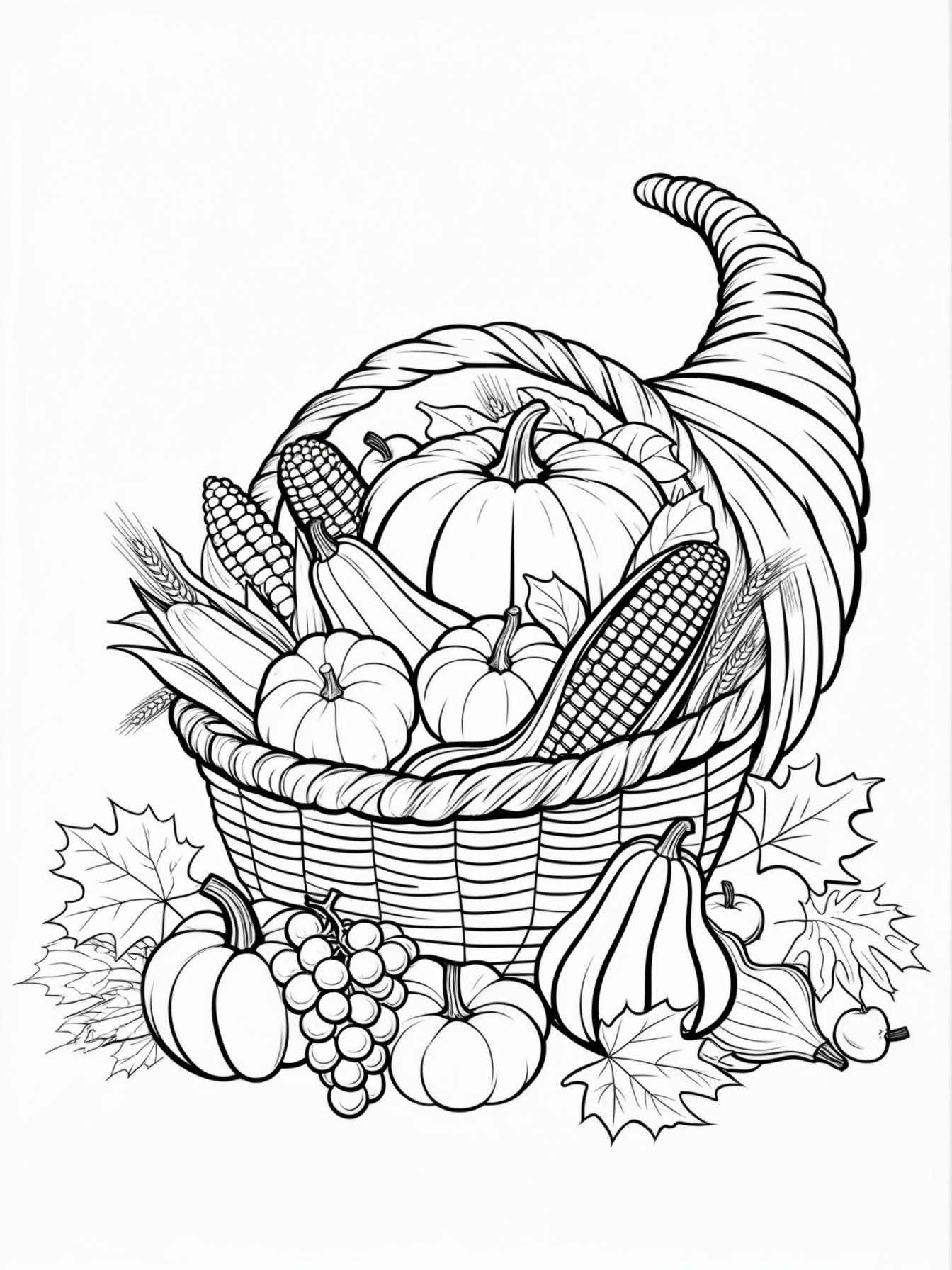 Harvest Cornucopia: A classic "horn of plenty" (a horn-shaped basket) overflowing with the bounty of the harvest: pumpkins, gourds, ears of corn, grapes, and autumn leaves.