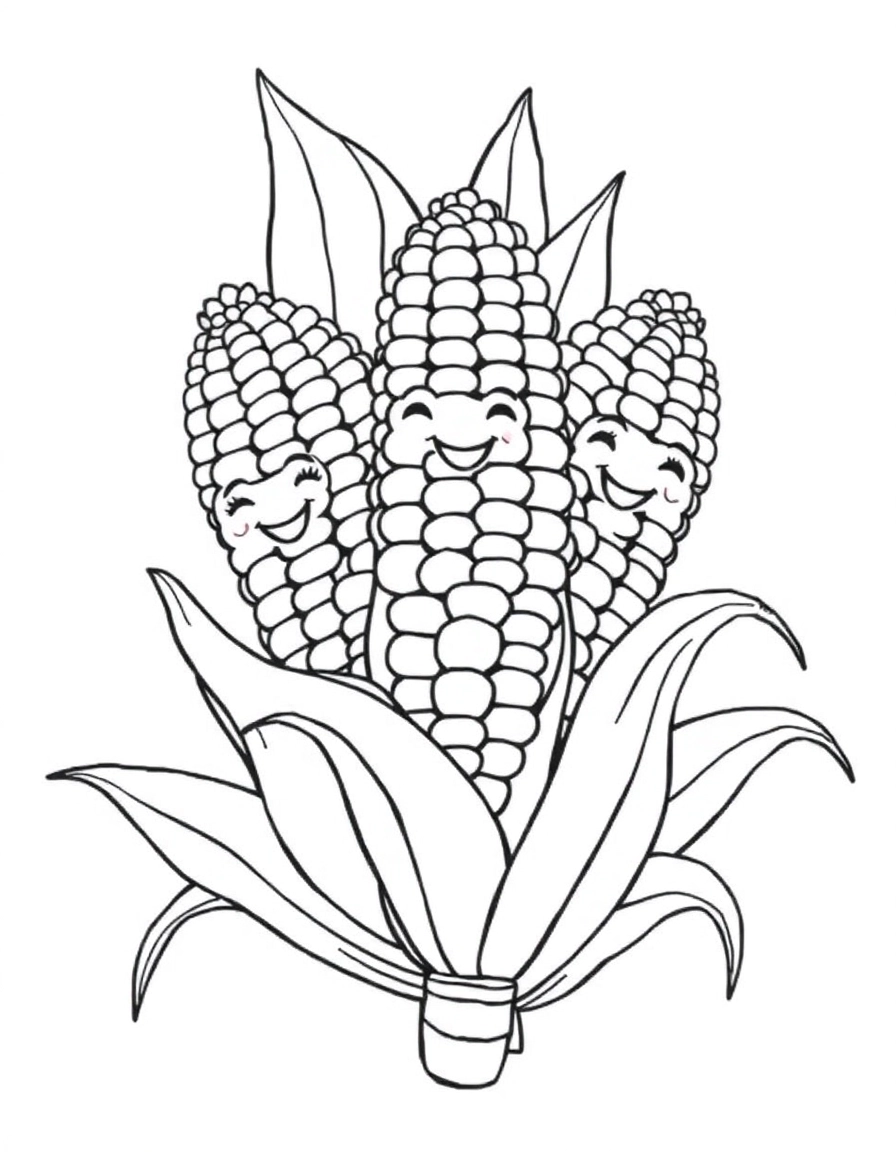 kwanzaa Corn for the Kids: Three ears of corn (Muhindi) with smiling faces, representing the children in the family, entangled in green leaves.