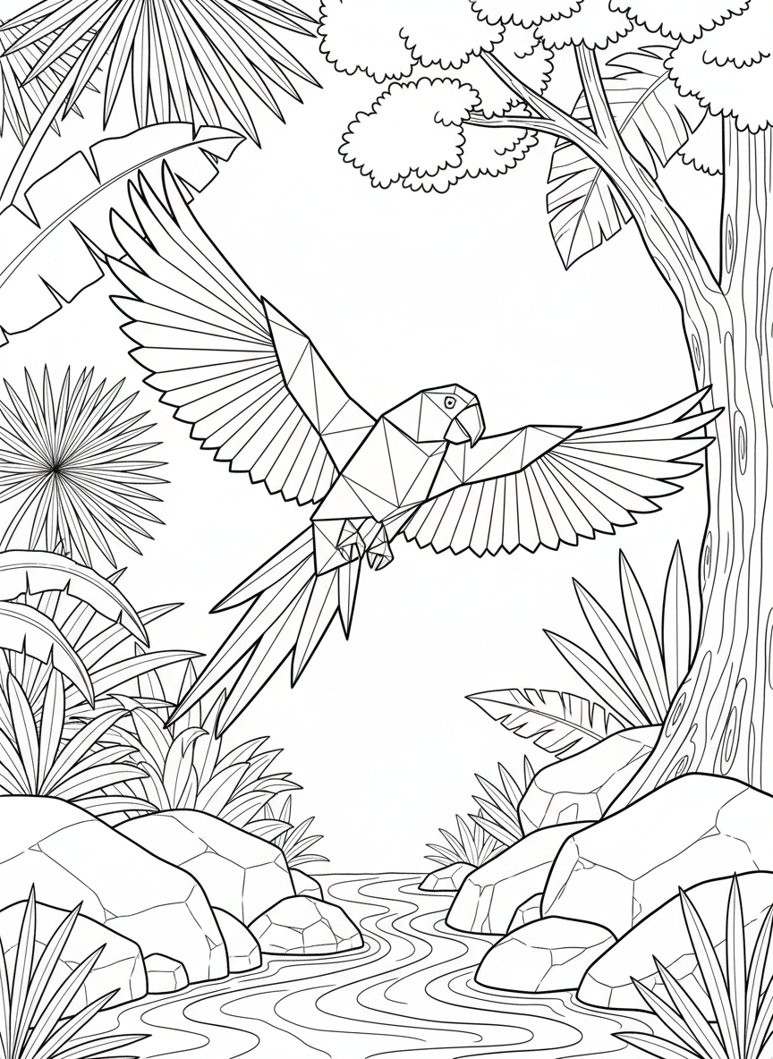 A flying origami macaw with wings spread wide, showing detailed geometric feather patterns and long tail, mid-flight pose.