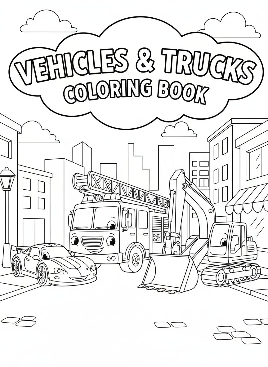 Vehicles and trucks coloring book cover, full-color illustration with a smiling fire truck, race car, and digger on a city street. Title-safe area at top.