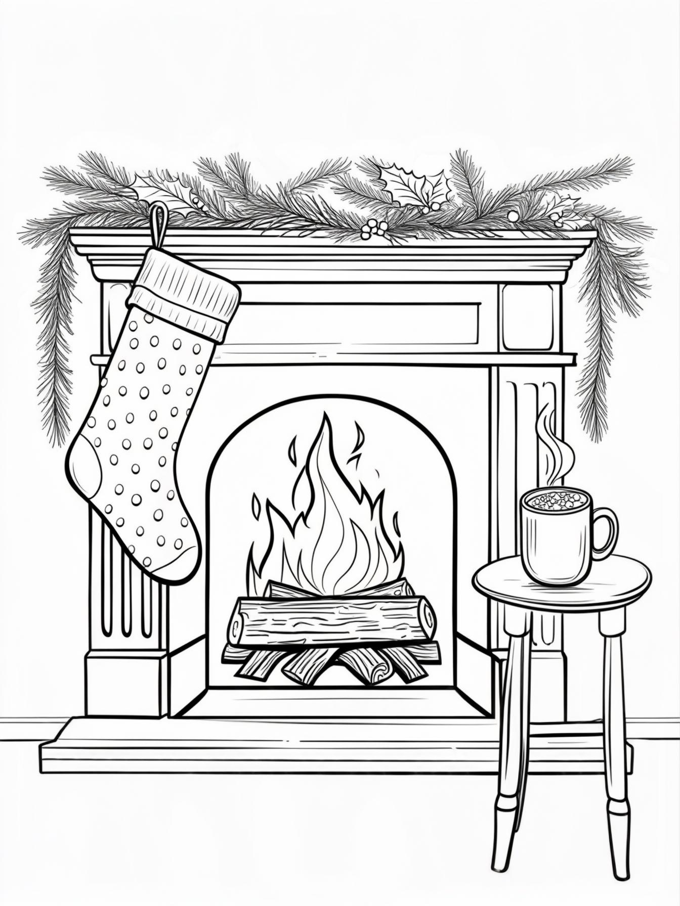 Cozy Fireplace Scene: A crackling fireplace with logs burning brightly. A thick, textured stocking is hung on the mantle, and a steaming mug of hot cocoa sits on a small side table next to a comfy armchair.