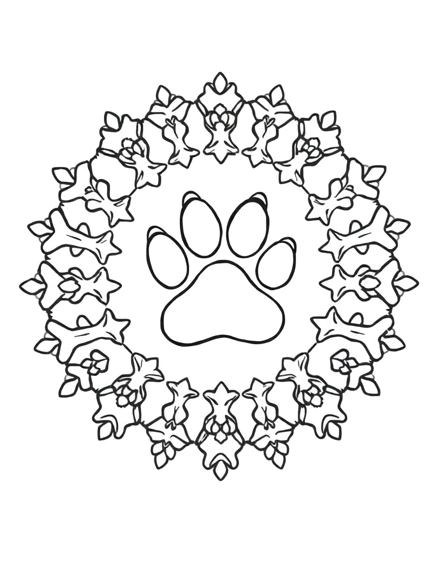 simple mandala: Animal Paw Prints: A central large paw print surrounded by a ring of bones and smaller paw prints.