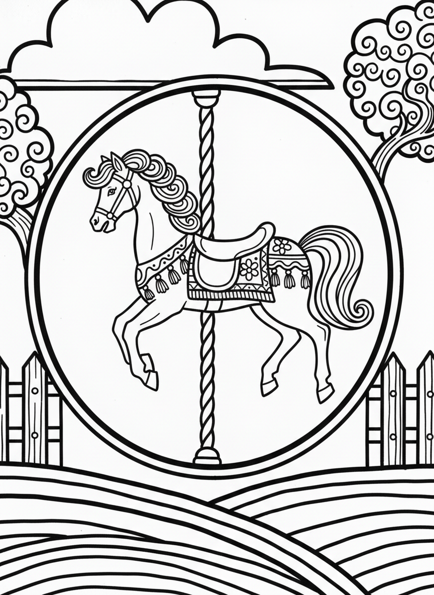 A circular ornament with a charming carousel horse in profile, decorated with saddle details, flowing mane, and ornate pole