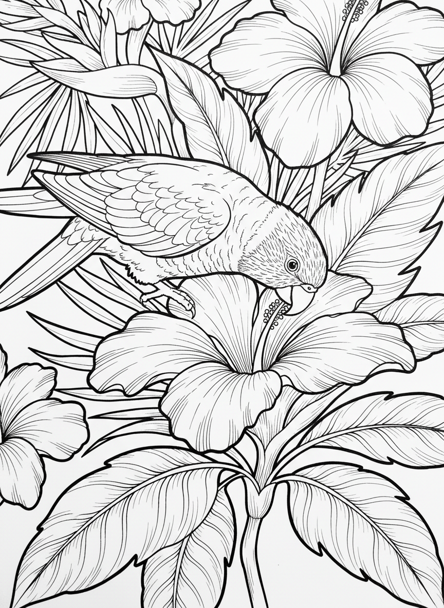 A simple scene of a lorikeet drinking nectar from a tropical flower, with large petals and leaves to color.