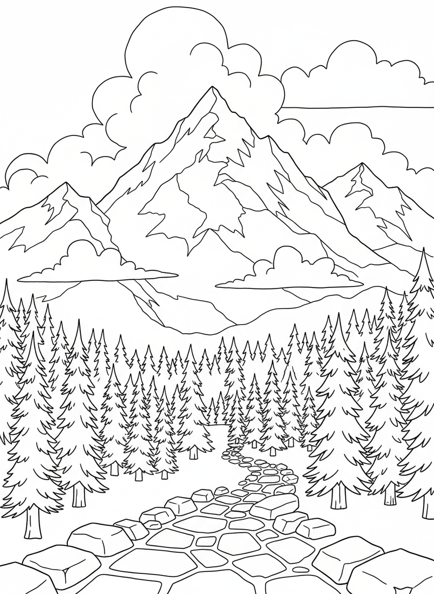 A peaceful mountain landscape with snow-capped peaks, pine trees in the foreground, and fluffy clouds in the sky, simple coloring page style.