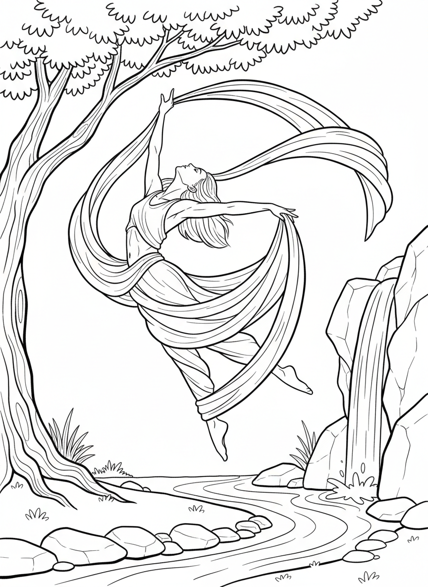 A contemporary dancer leaping with flowing fabric swirling around their body, creating beautiful curved lines.