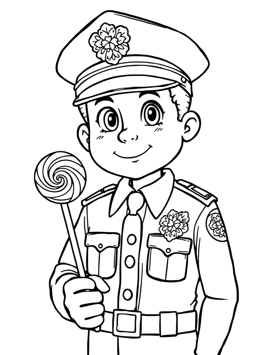 A police officer in a uniform, holding a lollipop