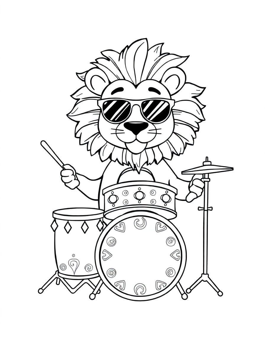 A cool cartoon lion with a fun mane and sunglasses, sitting behind a simple three-piece drum set and holding drumsticks. The illustration is a playful black and white cartoon with heavy, defined outlines.