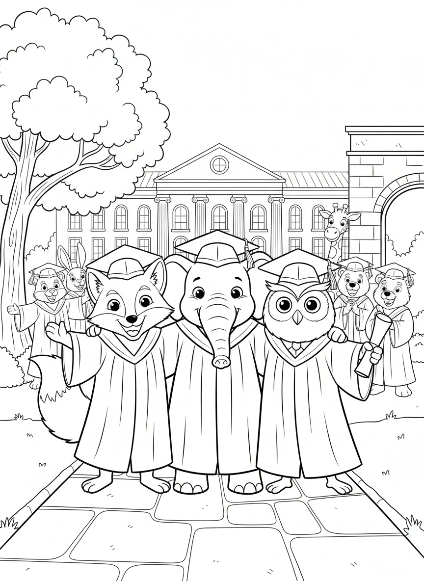 A group of diverse animal friends in graduation gowns standing together, including a fox, elephant, and owl, all smiling and celebrating.