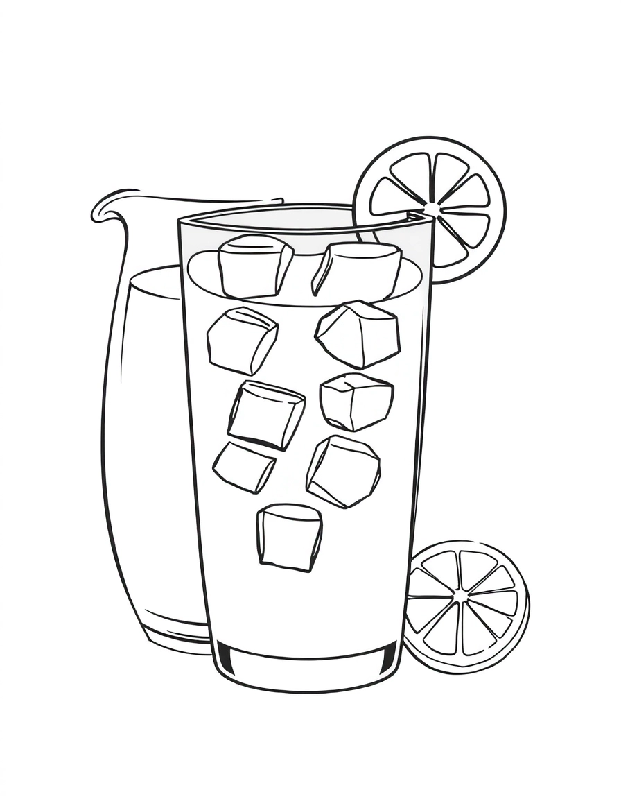 A refreshing glass of lemonade with ice cubes and a lemon slice on the rim, next to a pitcher